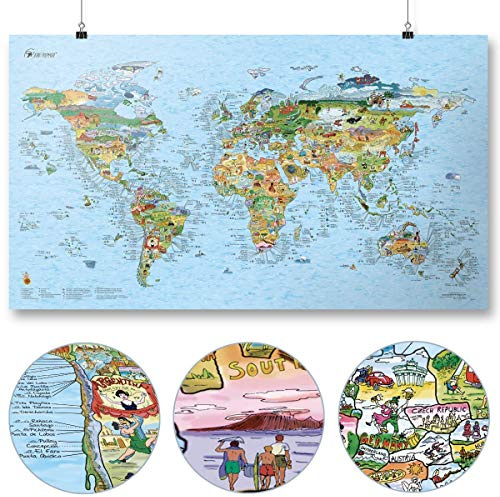 Surftrip Map by Awesome Maps - Mappa del mondo illustrata per i surfisti - riscrivibile - 97,5 x 56 cm