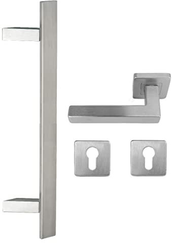 Edelstahl Haustür Beschlag- Flachgriff- Set auf quadratischen Rosetten 841Z Maß L: 1800/ Lochabstand B:1600mm