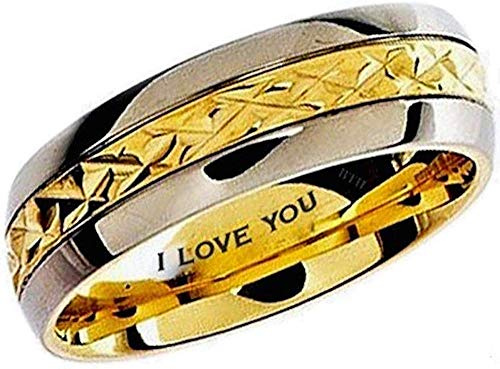 BESTTOHAVE Mens Titanium Ring -7mm Wide Engraved I Love You Classic Unisex Two Tone Wedding Engagement Comfort Fit Jewellery Band Ring - Size Y