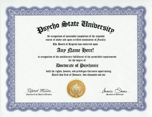 Psycho Degree: Custom Gag Diploma Doctorate Certificate (Funny Customized Joke Gift - Novelty Item)