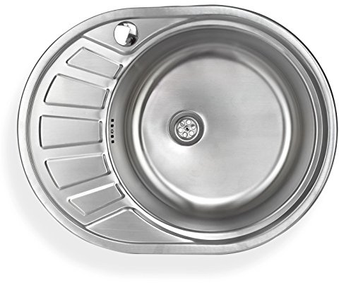 Stabilo-Sanitaer Einbauspüle aus hochwertigem Edelstahl, rundes Spülbecken mit kleiner Abtropffläche links, Küchenspüle in schönen und zeitlos modernen Design