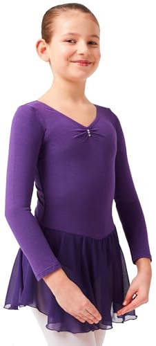 tanzmuster ® Ballettkleid Mädchen Langarm - Anna - (92-170) aus weichem Baumwollstoff mit Glitzersteinen und Chiffon Röckchen fürs Kinder Ballett Ballettbody