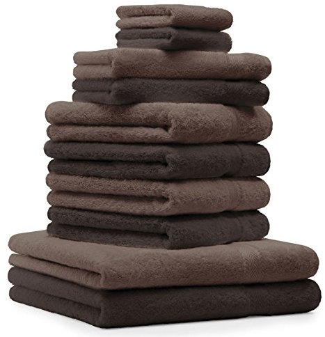 Betz 10-TLG. Handtuch-Set Premium 100% Baumwolle 2 Duschtücher 4 Handtücher 2 Gästetücher 2 Waschhandschuhe Farbe Dunkel Braun und Nuss Braun