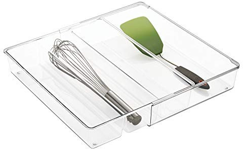 iDesign Linus Schubladenbox, extragroßer Besteckkasten mit 4 langen Fächern aus Kunststoff, ausziehbarer Sortierkasten, durchsichtig