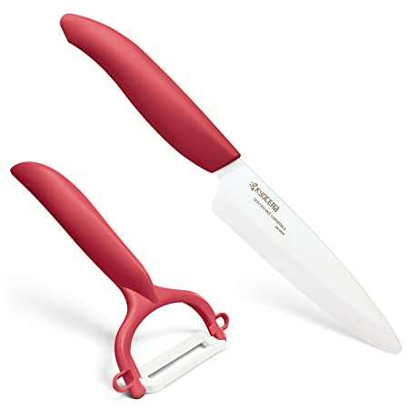 Kyocera Gen Color Starter Set, Coltello Frutta/Verdura (Lama 11 cm) con pelapatate, Manico Rosso, FK110CP10NRD, Ceramica