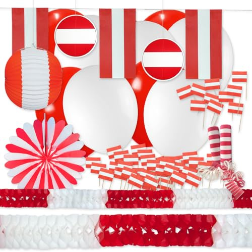 Österreich Partydeko Set Grundausstattung rotweißrot - Dekoset im rot-weiß-roten Design der österreichischen Fahne, Raumdekoration & Tischdeko für Fanparty, Fasching, Geburtstag, Sportevent