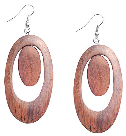 81stgeneration Große, Offene, Ovale Holzohrringe für Damen | Boho 60er Jahre Stil Holzohrringe mit 925 Silberhaken | Retro Mod Geometrischer Schmuck | Natürliches Stammes-accessoire