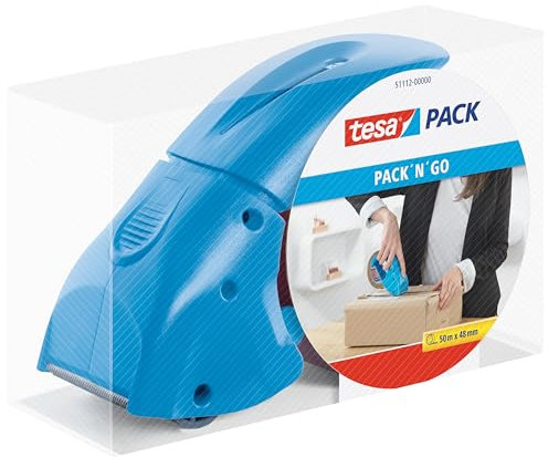 tesapack Dispenser Manuale Pack' n' Go, Dispenser ergonomico portatile, Con impugnatura antiscivolo, Incluso di nastro da imballaggio tesapack 50 m x 48 mm, Colore: Blu