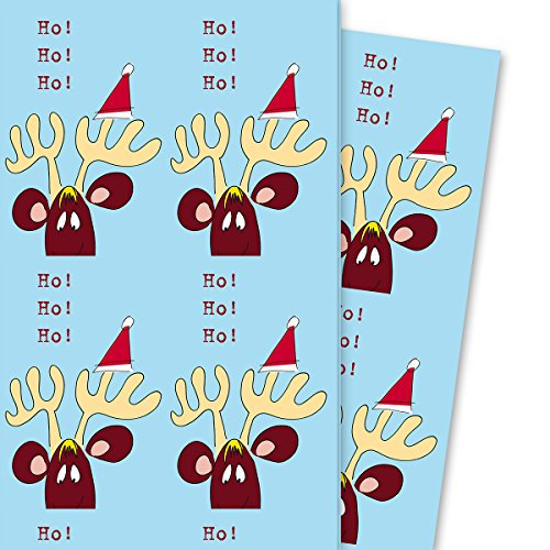 Lustiges Weihnachtspapier/Weihnachts Geschenkpapier mit komischem Elch: Ho Ho Ho, hellblau (4 Bögen, 32 x 48 cm) Dekorpapier, Papier zum Einpacken, für tolle Geschenk Verpackung und Überraschungen