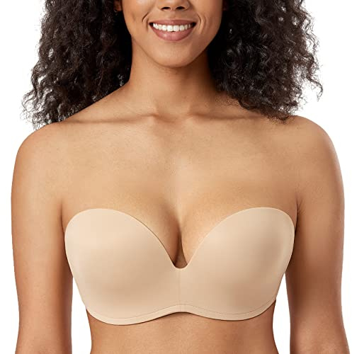 Delimira Women's Strapless Bras for Bigger Bust Push Up Support Lift Plus Size Lightly Padded Seamless Bra Nude 34B