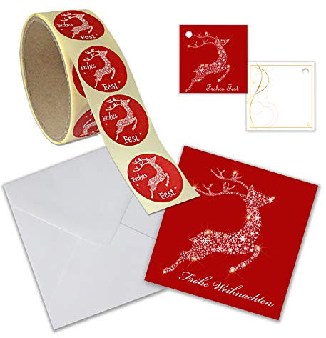 31-teiliges Weihnachts-Geschenkssortiment Rentier - 1 Rolle Weihnachtsaufkleber, 25 Geschenkanhänger, 5 Geschenkkarten inkl. Umschläge, Weihnachtsset, Weihnachtssortiment, Weihnachtsanhänger, Weihnachtskarte, Weihnachtsaufkleber
