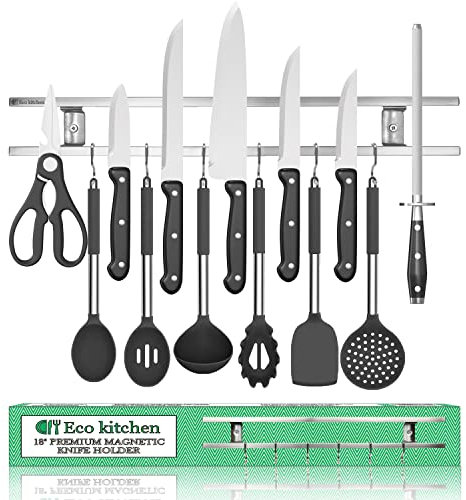 Eco Kitchen Magnetic Knife Holder for Wall - Stainless Steel Knife Magnetic Strip 18 Inch - Wall Knife Magnet Bar Rack With Hooks