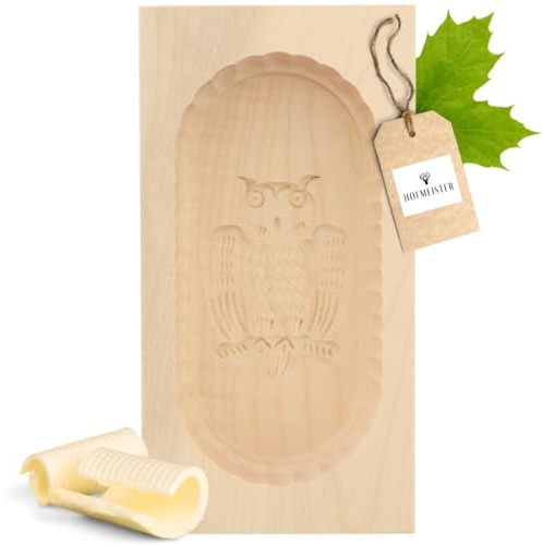 HOFMEISTER® Butterform, für 250 g Butter, 19 cm, Eule, handgeschnitzt in Deutschland, Butter-Form zum Dekorieren, eckige Sturz-Form, Butter-Model aus heimischem Ahorn-Holz