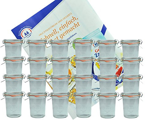 MamboCat 24er Set Weckgläser 160 ml Sturzglas mit Deckel Einkochring Klammern I Original Weck Sturzgläser I Einweckgläser für Kuchen Gelees UVM I inkl. Diamant-Zucker Gelierzauber Rezeptheft