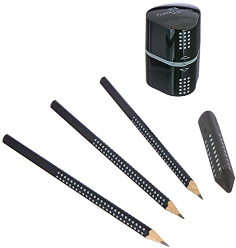 Faber-Castell 217093 - Bleistiftset GRIP 2001, mit 3 Bleistiften, 1 Radierer + 1 Spitzdose, schwarz