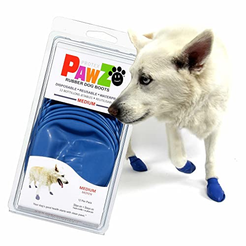 PawZ Rubber Dog Boots for Medium Paws - All-Weather Waterproof Dog Shoes, Anti-Slip Traction for Rain, Snow, Mud & Hot Pavement - Pull-On Dog Booties, Blue - Medium (2.5 - 3) - Pack of 12