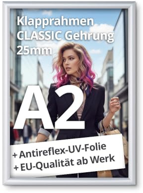 net-xpress® A2 Klapprahmen DIN A2 Plakatrahmen 25 mm Silber | mit Antireflex-UV-Folie | Posterrrahmen aus Alu mit Gehrungsecken | inkl. Schrauben & Dübel | Wechselrahmen A2 Hoch- & Querformat