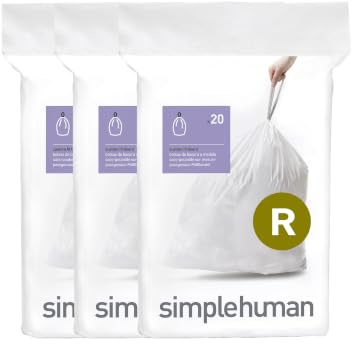 simplehuman CW0253 Code R passgenaue Müllbeutel, 3 x Packung mit 20 (60 Müllbeutel), weißer Kunststoff