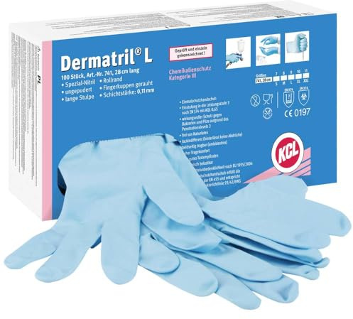 KCL Dermatril® L 741 Einweghandschuhe für Rechts- und Linkshänder, Nitril, Wasserdicht, Geeignet für die Lebensmittel-/Chemieindustrie, Blau, Größe 11XXL, 074111081C (Schachtel mit 100 Stück)