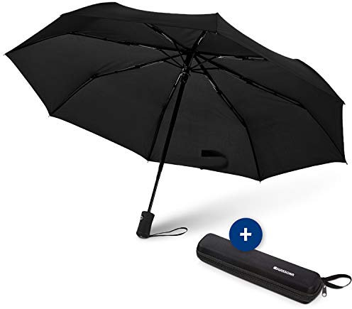 SWISSONA 1x Regenschirm in schwarz, Winddicht, leicht & kompakt, Auf-Zu-Automatik inkl. Schirm Tasche | Taschenschirm, Reise-Regenschirm, Outdoor-Regenschirm, Automatik-Regenschirm