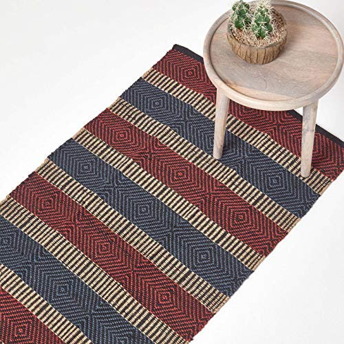 Homescapes Naturfaser-Teppichläufer, 66 x 200 cm, 100% Jute-Küchenläufer mit Streifen und geometrischem Rautenmuster, rot-blau-schwarz