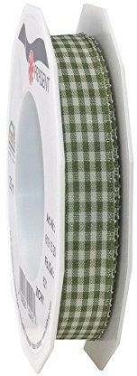 PRÄSENT Vichy Geschenkband Olive/créme, 20 m Dekoband zum Verzieren & Basteln, 15 mm Breite, Kariertes Band für Bunte Dekos & Geschenkverpackungen, zu feierlichen Anlässen