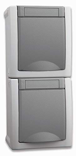 Aufputz Schuko Steckdose 2-fach senkrecht grau für Feuchträume geeignet