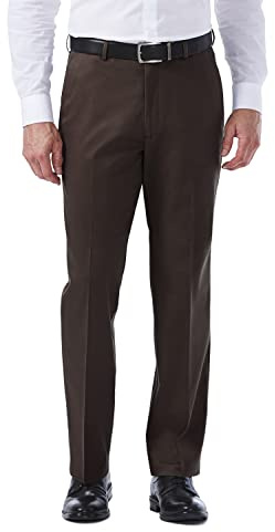 Haggar Men's Premium Non-Iron, Khaki, Classic fit, Expandable Waist, Flat Front, Trousers. O, Sin Hierro, Con Cintura Extensible, Plano, Color Caqui8888666 LLE Casual Pants, Chocolate, 34 W/34 L