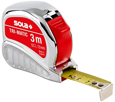 SOLA TRI-MATIC - Bandmaß 3m / 13mm - Profi-Taschenbandmaß mit Gürtelclip - Stahlband, gelb lackiert mit mm Skala - Genauigkeitsklasse I - Rollmeter mit beweglichem Endhaken - Länge 3m/13mm
