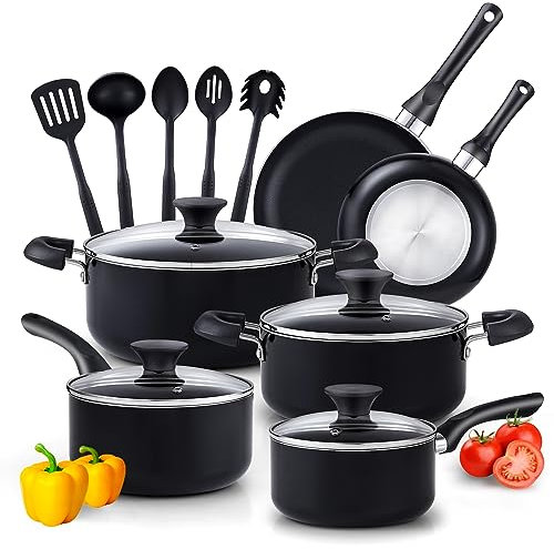 Cook N Home Pots and Pans Nonstick Cooking Set Includes Saucepan Frying Pan Kitchen Cookware 15-Piece, Stay Cool Handle, Black