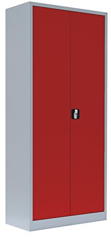 Flügeltürenschrank komplett montiert Metallschrank abschließbar grau/rot 180x80x38cm Lagerschrank Aktenschrank Büroschrank Werkzeugschrank 4 Fachböden 530334