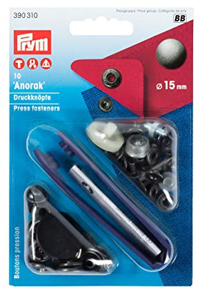 Prym 390310 Nähfrei-Druckknopf Anorak, 15mm, alteisen, 10 Stück mit Werkzeug