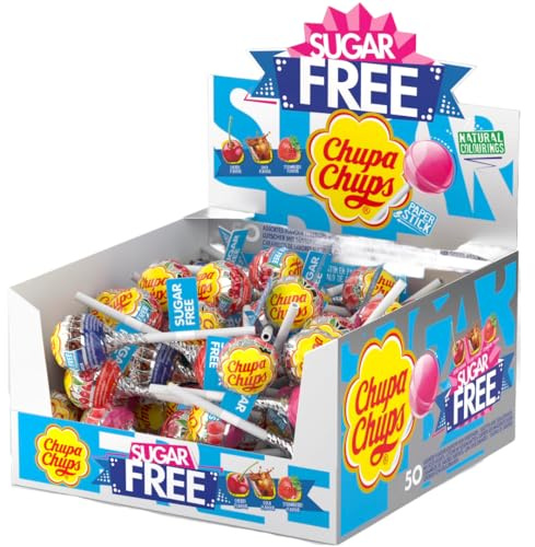 Lot de 50 bonbons Chupa Chups Sugar Free Lolly, aux saveurs assorties.