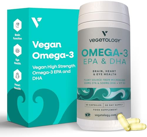 Vegetology, Vegan Omega 3 Capsules High Strength, 800mg of EPA DHA from Algae Oil, with Added Vitamin D3, Supports Heart, Brain Function and Eye Health, 60 Capsules, UK Made