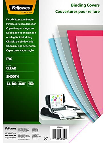 Fellowes PVC Deckblatt für Plastikbindung und Drahtbindung - Stärke 150 Mikron - transparent - Format DIN A4 - Packung mit 100 Stück