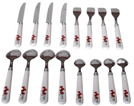16 Couverts : 4 x cuillères, 4 x fourchettes, 4 x couteaux, 4 x petites cuillères - motif coquelicot rouge sur fond blanc Très Joli Design Elegant