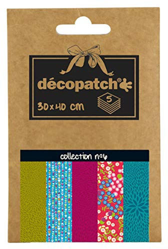 Decopatch DP006O Packung Décopocket mit 5 Papierbogen (30 x 40 cm) (gefaltet, 13 x 9,5 cm, praktisch zum Transportieren und einfach zum Verwenden) 1 Pack farbig sortiert