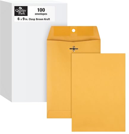 Quality Park 6x9 Clasp Envelopes, Extra Heavyweight 32 lb. Manila Kraft Envelopes, Gummed Seal and Clasp for Storing or Mailing, 100/Box (QUA37755)