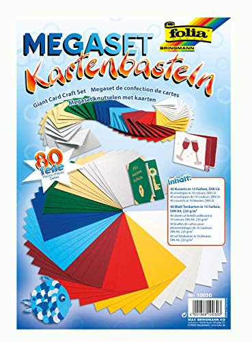 folia 10030 - Megaset Kartenbasteln, 80 Teile, mit 40 Kuverts und 40 Blatt Tonkarton sortiert in 10 Farben