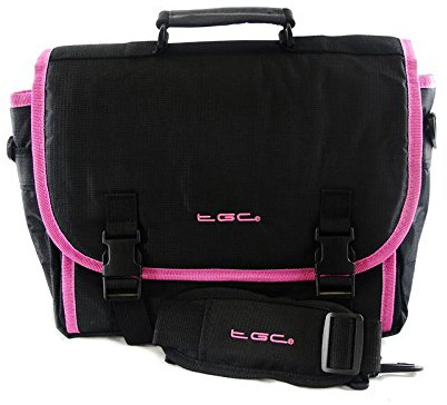 New TGC ® Messenger Style TGC Padded Carry Case Bag for the Click 9 Lite Portable DVD Player (Jet Black & Hot Pink Trims/Lining)