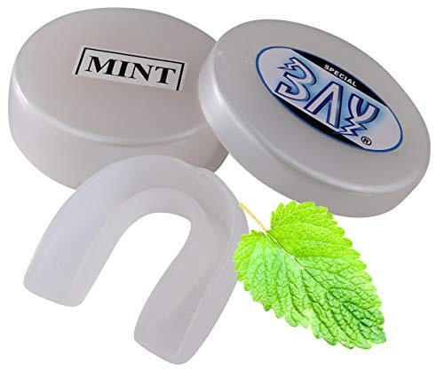 BAY MINZ AROMA ZAHNSCHUTZ, Farbe TRANSPARENT für Erwachsene & Jugendliche, mit Hygiene BOX Dose, CE, Sport Mundschutz, Zahnschützer, Mundschützer, Senioren ab ca. -13 Jahre, klar durchsichtig weiss farblos Mint Pfefferminz Boxen Kampfsport Eishockey Handball Wasserbad Allround