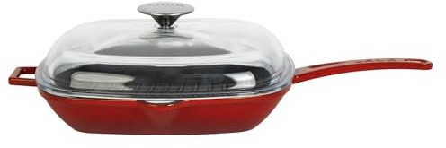 LAVA Cookware Bistecchiera con Manici in Metallo e Coperchio in Vetro, Dimensioni 28 x 28 cm, ghisa, Colore: Rosso, 28 cm