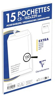 Clairefontaine 824215C - Packung mit 15 Versandtaschen weiß C5-162x229 mm, selbstklebend, 120g, 1 Pack