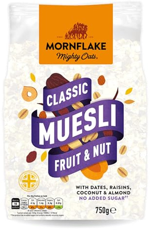 Mornflake - 1x 750g Classic Fruit & Nut Muesli No Added Sugar. Vegan, Healthy, High Fibre Breakfast Cereal With Raisins, Almonds, Nuts & Seeds. (Pack of 1)