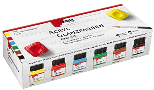 KREUL 79600 - Acryl Glanzfarben im Set, 6 x 20 ml Farbe und ein Pinsel, glänzend-glatte Acrylfarbe zum Anmalen und Basteln, auf Wasserbasis, speichelecht, schnelltrocknend und deckend