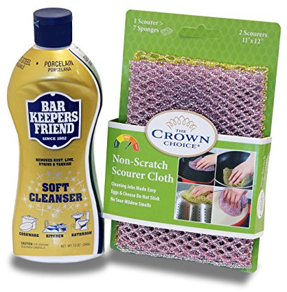 BAR KEEPERS FRIEND Soft Cleanser Liquid (13 OZ) and Non Scratch Scouring Scrubber Kit | Multipurpose, Stainless Steel, Rust, Soft Cleaner with Heavy Duty Non Scratch DishCloth