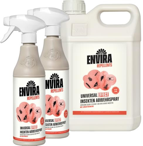 Envira Universal Effect Insekten Abwehrspray 2 x 500 ml + 2 Liter - Extra starkes Spray mit Langzeitwirkung gegen Trauermücken, Silberfische, Lebensmittelmotten & Ungeziefer - Mittel gegen Insekten