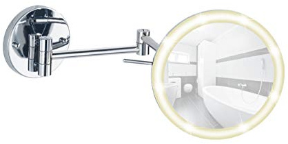 WENKO Power-Loc LED Wandspiegel Aura - mit hochwertigem Acrylrahmen, Befestigen ohne bohren, Spiegelfläche ø 16.5 cm 500 Prozent Vergrößerung, Stahl, 20 x 24 x 10-40 cm, chrom, Silber, Klein (Weniger als 30 cm)