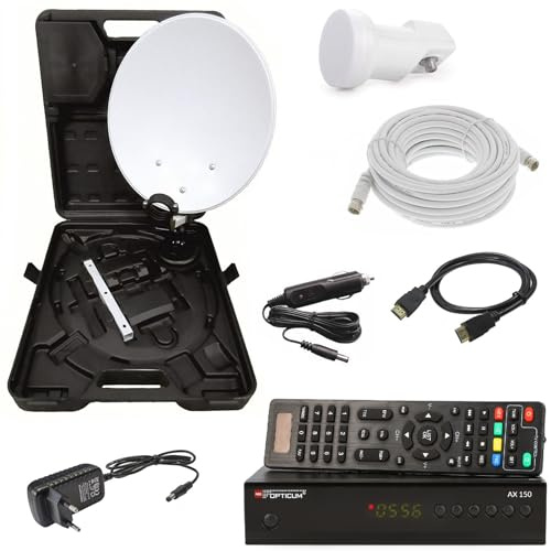 RED OPTICUM Camping Sat Anlagen Komplettset HD-TV - Mobile Satelliten-Anlage mit HD AX 300 Sat-Receiver + Single LNB + Camping Koffer Set + HDMI Kabel uvm. - Camping Sat-Anlage komplett