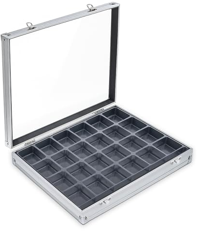SAFE 5881 Vitrine de collection en aluminium | Casier à 24 compartiments pour minéraux, figurines, pierres, etc. | 395 x 300 x 65 mm | Avec couvercle transparent & fixation murale